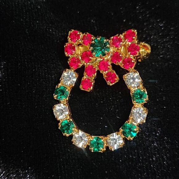 Set 4 Christmas Rhinestone Cluster Pins Brooch Wreath+ Avon Snowmen Earrings Vtg - Picture 7 of 9